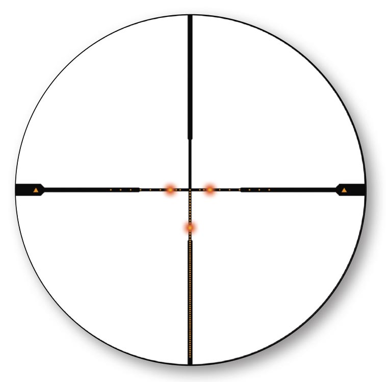 Lights on the BDX reticle indicate holdover and wind deflection. Cant indicators are located on both sides of the reticle.